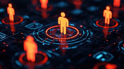 Digital Network Connections with Human Figures Representing Data Transmission in a Futuristic Environment