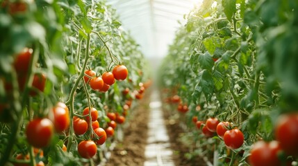 Tomato-picking robot moving through neat rows of plants in a modern greenhouse, guided by AI and machine learning