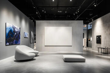 Modern art gallery interior design minimalist furniture abstract paintings concrete walls