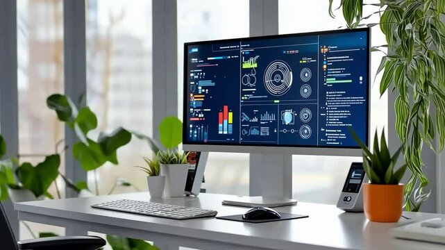 Copy Space - A minimalist futuristic workspace with a digital screen displaying AI-driven content.