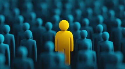 Unique Yellow Figure Standing Out Amongst Crowd of Blue Figures in Abstract Concept of Individuality and Identity