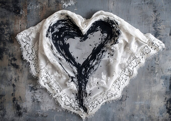 Dramatic Love Stain: Delicate White Lace Handkerchief with Perfect Black Ink Heart | High-Contrast Wedding Art for Editorial & Stationery Design