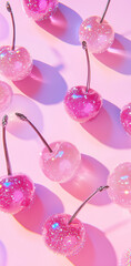 Sparkling Pastel cherries on Pink Background with Sunlight Reflections | Ethereal Food Photography for Trendy Branding