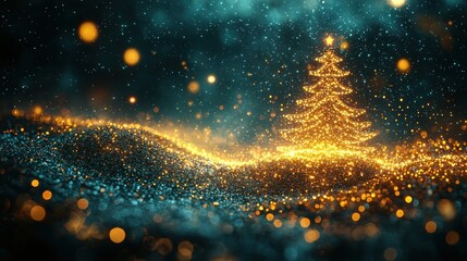 Glittering Christmas tree illuminated by golden lights in a magical winter landscape