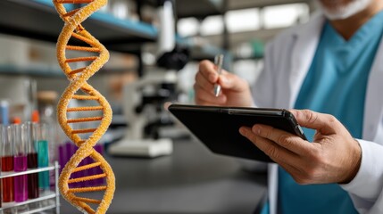 Scientist Observes Genetic Research on Tablet with DNA Strand in Laboratory Setting