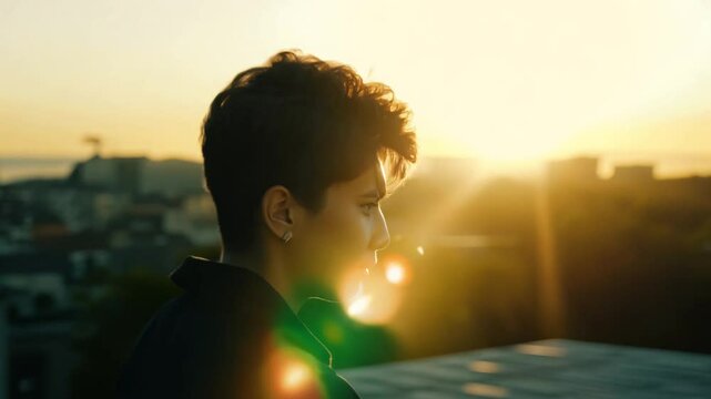 Over-the-shoulder tracking video of a non-binary young adult, silhouette with backlight, leans forward intently, listening to someone unseen, rooftop terrace at dawn