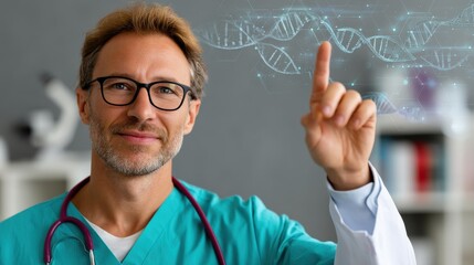 Doctor in Scrubs Pointing at Digital DNA Helix Graphic in Modern Laboratory Setting