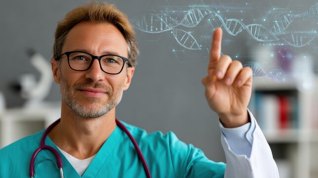 Doctor in Scrubs Pointing at Digital DNA Helix Graphic in Modern Laboratory Setting