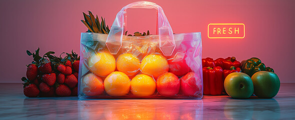 Futuristic Eco Grocery Bag with Hexagonal Bio-Plastic Texture – Vibrant Fruits & Vegetables Showcase with Neon 'FRESH' Tag – Ultra HD 8K Product Mockup for Sustainable Brands (Deep Space Purple Backgr