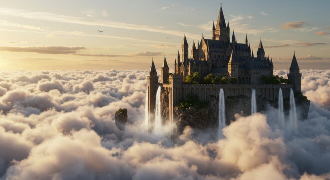 Majestic castle perched atop swirling clouds with cascading waterfalls at sunset - Powered by Adobe