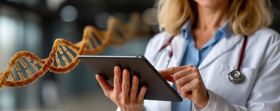 Medical Professional Analyzing Genetic Data on Tablet with DNA Helix Visualization
