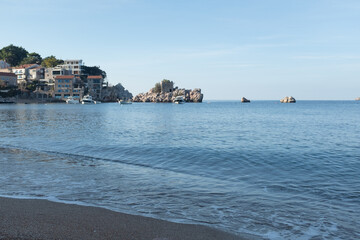 Charming Pržno Village Bay with Stone Houses and Calm Waters on the Adriatic Coast, Montenegro. Scenic Mediterranean Seascape. High quality photography