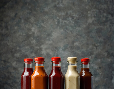 Bottles of different souces on a dark background. Copy space. Created using generative AI tools

