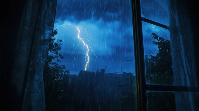 Foudre frappant une maison vue &agrave; travers une fen&ecirc;tre de chambre sous la pluie pendant un orage nocturne