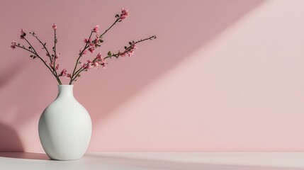 Minimalist White Vase with Delicate Pink Flower Branches Against Soft Pink Wall in Bright Natural Light