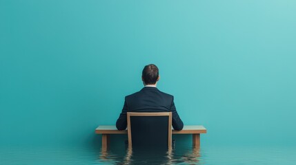 Businessman Sitting Alone at Desk Surrounded by Water in Blue Environment Reflecting Isolation and Challenge