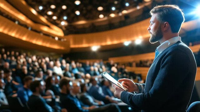 A well-organized medical conference with healthcare professionals seated in an auditorium, illuminated by bright lights as a speaker shares essential medical knowledge.