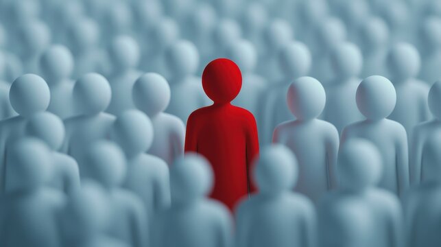 Unique Red Figure Surrounded by Crowded White Silhouettes Symbolizing Individuality in a Conformist Society