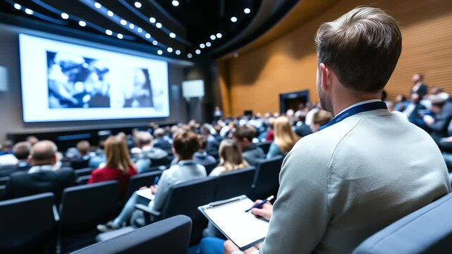 A convention center filled with medical attendees, some taking notes while others listen attentively to an expert presenting clinical case studies on a digital screen.