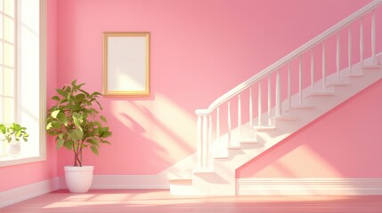 Obraz premium Bright and Cheerful Pink Room with White Staircase and Green Plant in a Modern Interior Design Setting