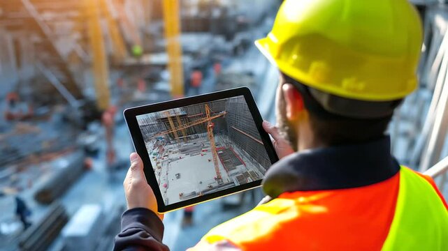 A worker on a construction site holds a tablet displaying a real-time digital twin model, integrating AI-driven analysis for efficient project planning.