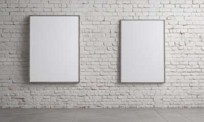 Poster mockup on clips, white brick wall background,  aesthetic,  photo print