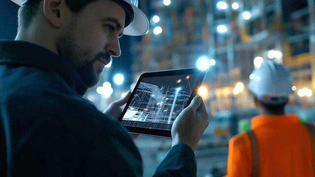A team of architects and engineers reviews structural designs on a tablet, where a digital twin model of the construction site is displayed with real-time updates.