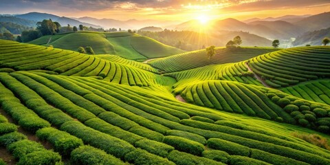Fototapeta premium Aerial View of Lush Green Tea Plantation: Eco-Friendly Tea Farming, Beautiful Texture Background