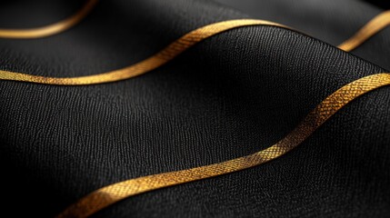 Elegant Black Fabric Texture with Shimmering Gold Ribbon Accents for Luxury Design Concepts
