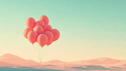 Fototapeta premium Pastel Pink Balloons Floating Over a Serene Desert Landscape at Sunrise: A Dreamy and Surreal Scene