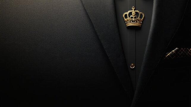Elegant Suit with Gold Crown Brooch and Pocket Square on Dark Background for Sophisticated Fashion Collection
