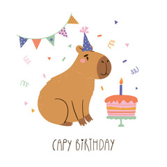 Cute capybara birthday card with cake, party hat, confetti, garland and lettering Happy Birthday. Funny animal illustration for kids party invitation, greeting card, celebration or print design