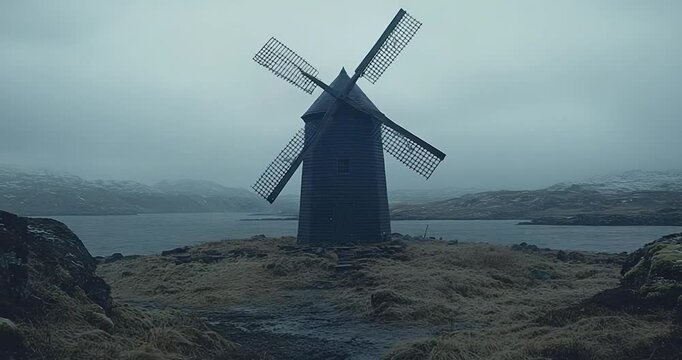 Grey windmill lakeside landscape