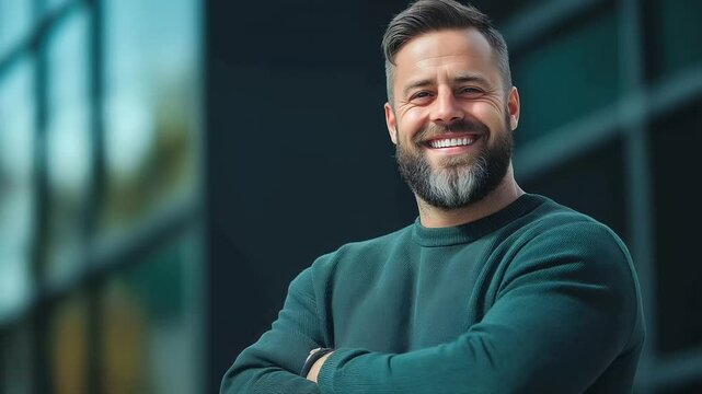 A bearded man in a casual outfit stands with a broad smile, arms crossed. His relaxed posture and bright expression celebrate positive body image and self-assurance.