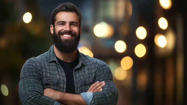 A bearded man with a big, joyful smile and arms crossed stands in front of a softly lit background. His casual outfit and confident stance celebrate positive body image.