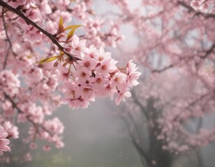 Obraz premium Soft pink sakura petals gently descend, softly blurred cherry blossoms in the background , floral photography, soft pink