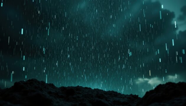 Rain made of glowing binary code, digital transformation in nature