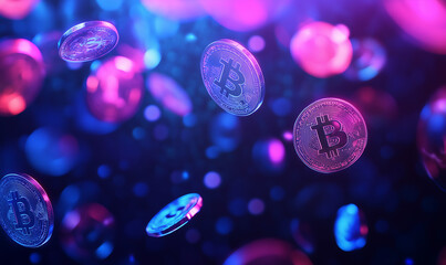 Falling bitcoins with blue and pink neon light on dark background.
