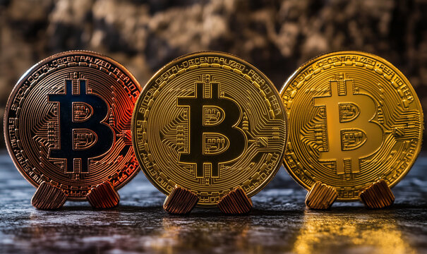 Photo of 3 bitcoin logos with different colours representing BTC, BSV and BCH.