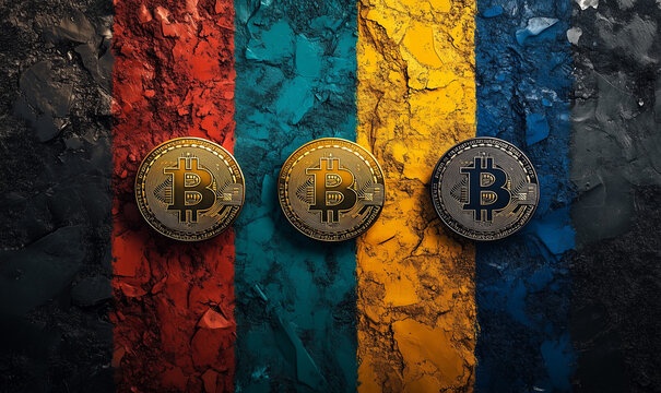 Photo of 3 bitcoin logos with different colours representing BTC, BSV and BCH.