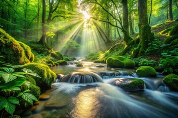 Enchanting Forest Stream: Sun Rays, Mist, Macro Photography, Nature Tranquility