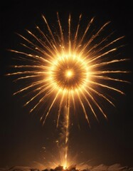 Fototapeta premium Sun-like yellow firework, wide angle, energetic expansion, blazing embers, festival, yellow, summer