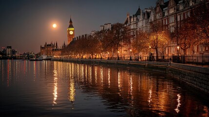 Obraz premium London Parliament at Night, Full Moon Reflection