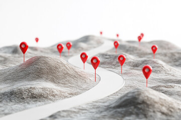 Winding road map route journey location pins travel navigation path