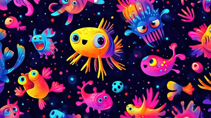 Fototapeta premium Vibrant Neon Sea Creatures Fantasy Art: A Psychedelic Underwater World of Colorful Marine Life