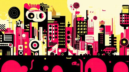 Obraz premium Abstract Futuristic Cityscape: Vibrant Geometric Urban Landscape in Bold Colors