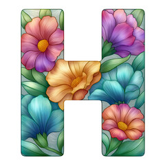 Isolated transparent, Alphabet H, floral stained glass alphabet concept, colorful artistic floral stained glass alphabet H with elegant vivid flowers, floral stained glass alphabet H  PNG die-cut.