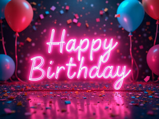 Vibrant Neon 'Happy Birthday' Greeting with Colorful Balloons and Confetti