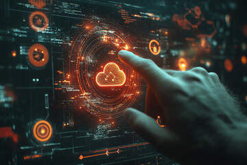 Hand interacting with futuristic cloud computing interface glowing orange digital screen