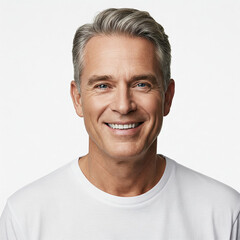 Fototapeta premium portrait of a smiling man. Portrait of a happy mature man in white t-shirt, male model smiling isolated on white background.